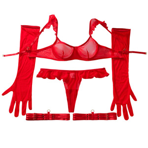 Ensemble de lingerie sexy Deep Love rouge, style français, avec design à volants, en maille tricotée transparente, effet sculptant, avec gants et anneaux de jambe - Product Image 5