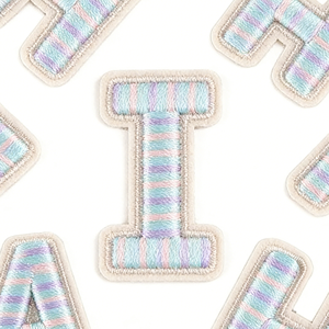 Custom Embroidered Alphabet Letter Patch Iron-on Fabric Badge Pastel Striped Initial Applique for <b>Hats</b> Clothes Bags - Product Image 1