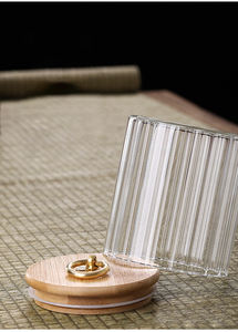 Pot scellé de nourriture à rayures verticales cylindriques de conservation fraîche avec couvercle en <span class=keywords><strong>bambou</strong></span> anneau de traction en métal couvercle plat pot de stockage en verre - Product Image 5