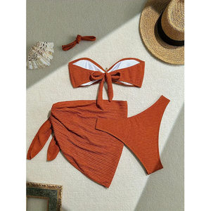 Conjunto de Bikini Texturizado de 3 Piezas <span class=keywords><strong>para</strong></span> Mujer, Traje de Baño Halter con Estrella de Mar y Pedrería, con Pareo <span class=keywords><strong>para</strong></span> la Playa <span class=keywords><strong>en</strong></span> Verano - Product Image 3