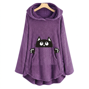 Sweat-shirt d'hiver surdimensionné à manches longues et épaules tombantes pour femme, en polaire rose avec imprimé de chat de dessin animé - Product Image 4