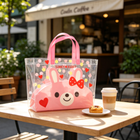 Sac de plage transparent en PVC pour enfants, motif lapin rose mignon, personnalisable avec logo, idéal pour le shopping