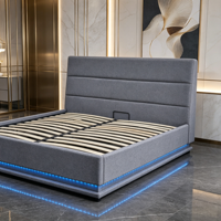 Cadre de lit moderne rembourré en lin avec vérin à gaz, éclairage d'ambiance LED et sommier à lattes, disponible en tailles King et Queen, mobilier de chambre