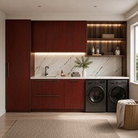 Gabinetes Modernos para Lavandería con Aberturas Laterales para Lavadora, Fregadero y Almacenamiento Iluminado