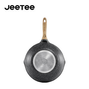 Wok à fond plat à induction JEETEE, revêtement antiadhésif, wok en aluminium, pierre marbrée, poignée en bakélite effet bois, OEM 1000 pièces - Product Image 4