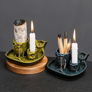 Support d'encens en bois sacré péruvien American Owl Sage, plateau à bougie en céramique effet four, design hibou cylindrique, fait main - Product Image 4