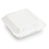 ProTakeOut [8 X 8/9 X 9] Contenants à charnières en bagasse à 3 compartiments, lot de 200 (100/2), sans PFAS, blancs, compostables, compatibles micro-ondes