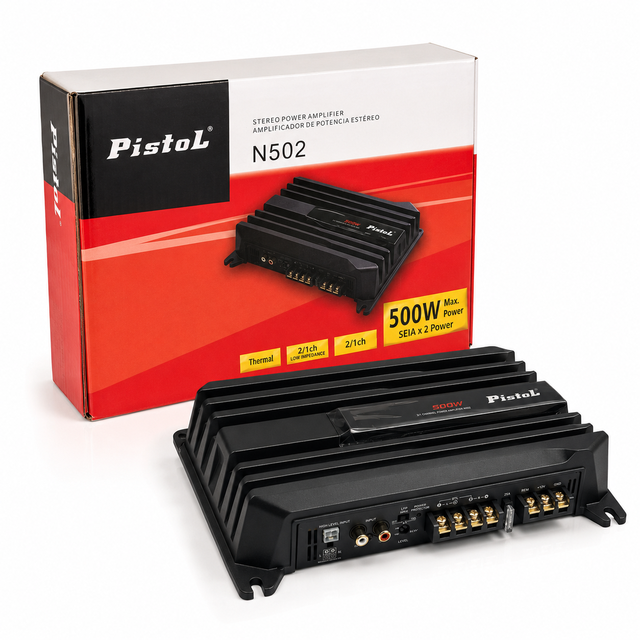 PISTOL N502 500W Class AB 2 Channel Car Amplifier 65W X2 RMS 2 Ohm High SNR Stereo Bridgeable Auto Audio Power Amp