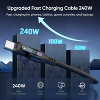 Cable tipo C de 240W, cable de cargador de teléfono 180 ajustable de a C 5A, cable de datos de carga rápida