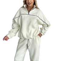 Ensemble de survêtement décontracté 2 pièces en polaire blanche pour femme avec logo personnalisé, haut demi-zip et pantalon de jogging, OEM ODM Vente en gros