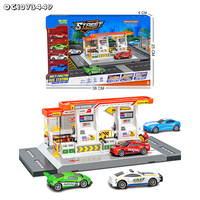 Modèle de station de lavage de voitures et de gazinière en plastique sur mesure, avec 4 voitures miniatures en alliage, jeu de simulation de scène urbaine pour enfants garçons