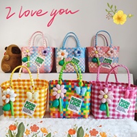 Tas Tote Persegi Panjang Anyaman Plastik Warna-warni Gaya Dopamin Lucu dengan Hiasan Bunga, Cocok untuk Hadiah Pernikahan Anak, Pesta, atau Keranjang Piknik