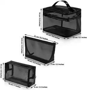Bolsa de malha de nylon portátil, malha de cosméticos preta personalizada para viagem, transparente, portátil, pequena, grande, produtos de higiene pessoal