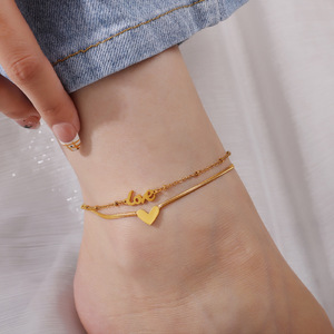 Double Layer Heart Love Pendant <b>Anklet</b> For Women <b>Gold</b> Zinc Alloy Minimalist Trendy Foot Ornament Gift Style - Product Image 1