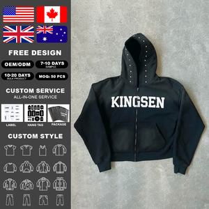 Sweat à capuche personnalisé avec impression sérigraphique, en coton lourd 400 g/m², délavé à l'acide, effet soleil, avec rivets et strass, coupe courte et ample, zippé - Product Image 2