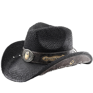 Chapeau de cowboy en paille de papier, style américain, façon Cattleman, à large bord façonnable, style Sombrero Western avec cornes, unisexe, pour voyage et pêche, dessiné à la main - Product Image 1