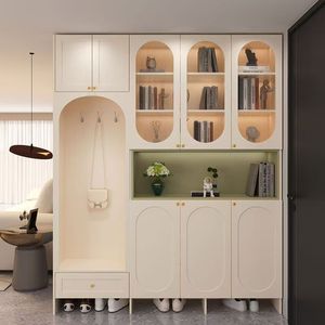 Mueble zapatero estilo crema con almacenamiento para entrada y taburete integrado, armario de suelo a techo para la entrada del hogar. - Product Image 2