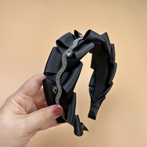 Serre-tête plissé en satin français avec strass pour femme, noir, élégant, accessoire de coiffure - Product Image 3