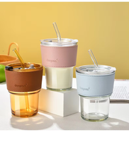 Tasse à café en verre borosilicate personnalisée avec paille et couvercle en verre, housse en cuir personnalisée avec logo, gobelet transparent vierge de 400 ml