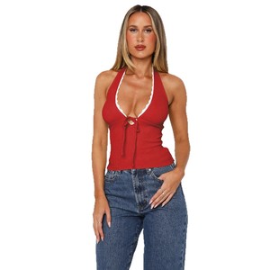 European American Style Casual Sexy <strong>Top</strong> for Girls Sensual <strong>Backless</strong> Tie Inner Slimming Design <strong>White</strong> Lace Trim Hot Halter Knitted - Product Image 5