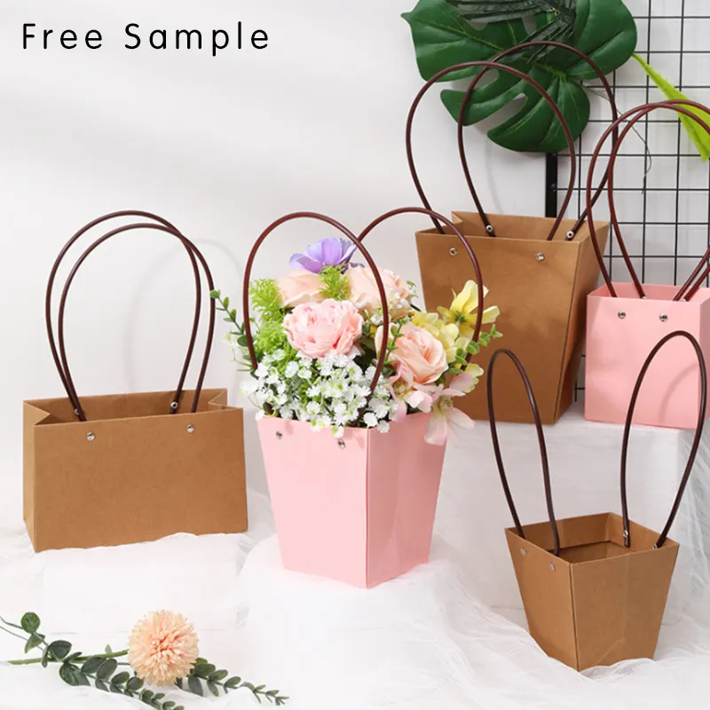 Lipack Eco Friendly Brown Kraft Paper Floral Packaging Bag Water Resist Paper Tote Bag For Fresh Flowers With Handle