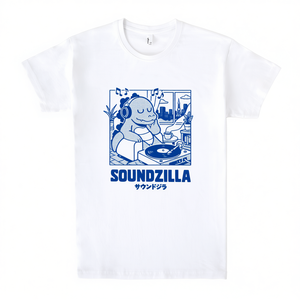 Camiseta Soundzilla blanca y azul con diseño gráfico, camiseta promocional unisex - Product Image 2