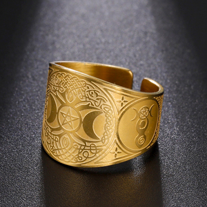 Myshape Triple Lune Déesse Anneau Pentagramme Pentacle Anneau en acier inoxydable Amulette <span class=keywords><strong>magique</strong></span> païenne <span class=keywords><strong>Arbre</strong></span> <span class=keywords><strong>de</strong></span> <span class=keywords><strong>vie</strong></span> Bijoux Wiccan - Product Image 1