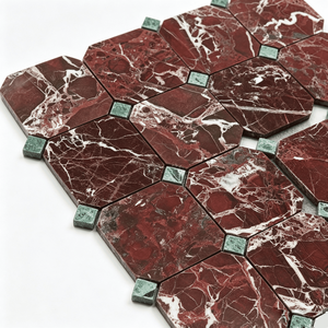 Mosaico de Mármol Rosa Levanto Landerstone con Incrustaciones Cuadradas Verdes, Patrón Hexagonal de Piedra Natural - Product Image 5