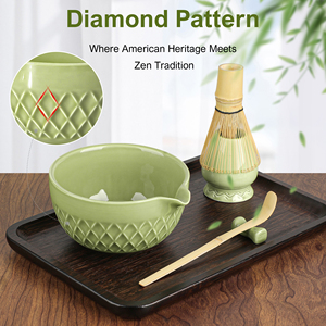 Juego de Té Matcha Tradicional Japonés de Cerámica de 7 Piezas, Cerámica de Porcelana Verde con Forma de Rombo, Batidor de Bambú, Cuchara para Té Matcha - Product Image 4