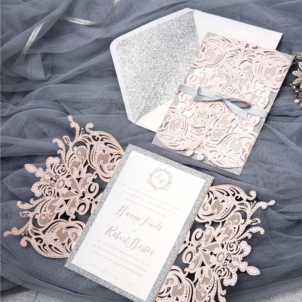 Cartões de convite de casamento, cartão de visita personalizado de renda flor de papel de convite