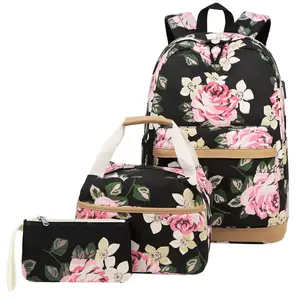 Trois ensembles de sacs à stylos pour filles, sacs d'école de déjeuner, sac de voyage imprimé de fleurs, sacs à dos de cartable