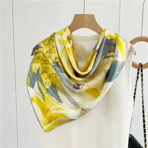 Large Square 12MM Satin silk Scarf 108cm Headscarf with Spring Yellow Floral Digital Printing Design Custom Plain Style Women