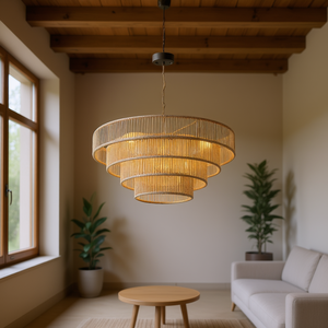 Lustre moderne en bois tressé et fer forgé à 4 niveaux, 20 pouces, style bohème, pour salon et salle à manger - Product Image 2