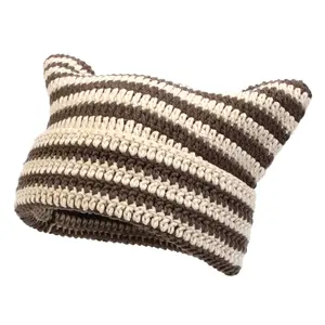 2024 New Little Devil Handmade Crocheted Wool Hat Striped Hat Cute Cat Ears Warm Beanie
