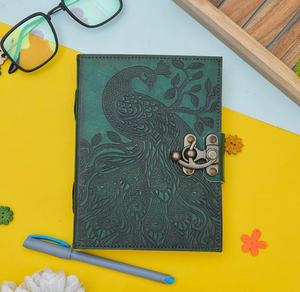 Handmade Peacock Embossed Green Leather Journal Antique Latch Vintage <b>Diary</b>, Deckle Edge <b>Notebooks</b> - Product Image 6