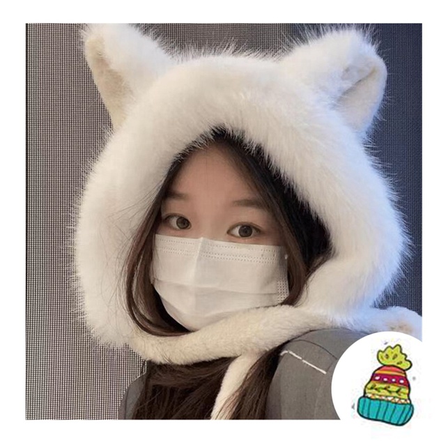 Sweet and Cute Female Autumns and Winters Faus Fur Cap Hat Thickened Plush Knitted Cat Ear Bucket Hat Beanie for Outdoor Adults