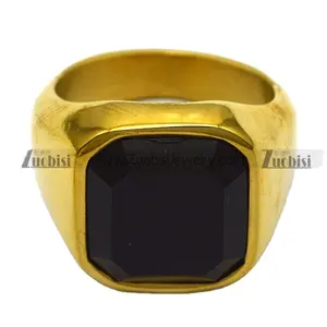 Trendy Royal Gold Plating Big Octagon Glossy Black Onyx Stone Ring Party Punk Style Geometric Ring Men Jewelry Accessories