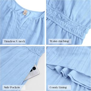 Abito Midi Casual da Donna a Maniche Corte con Scollo a V, Vita Elastica, Balze a Trapezio, Vestito da Vacanza con Tasche in Tessuto Traspirante S - Product Image 3