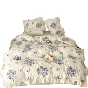 RTS Washed Cotton Bedding Set 4pcs Floral Ruffled Fringe Design Duvet Cover Bed Sheet Bedding Set with 2 Pillow Shams