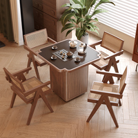 Table basse en bois massif style Mid-Century, motif trèfle à quatre feuilles, avec plateau en pierre frittée, bureau tout-en-un, alimentation en eau automatique, durable et mobile pour salon