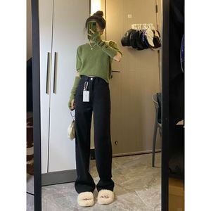 2025 printemps automne nouveau noir taille haute jambe large jean pour femmes respirant ample drapé mince droite vadrouille pantalon - Product Image 2