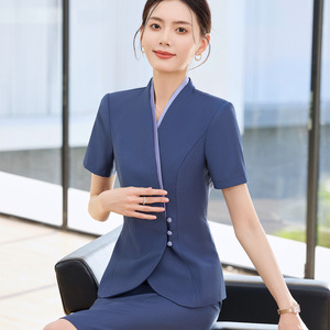 Women's Professional Suit Short Sleeve Blue Hotel Uniform Formal Wear For Beauty Salon And High End Hotels - Product Image 3