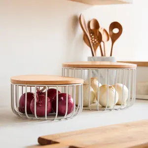 Ensemble de 2 paniers de rangement en métal et en bois, armoire de table de salon de cuisine