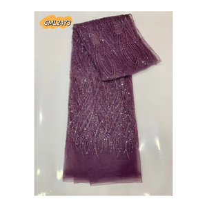 Violet <span class=keywords><strong>pas</strong></span> <span class=keywords><strong>cher</strong></span> fête de mariage nigérian broderie africaine Aso Ebi Sequin dentelle tissu 5 mètres - Product Image 1