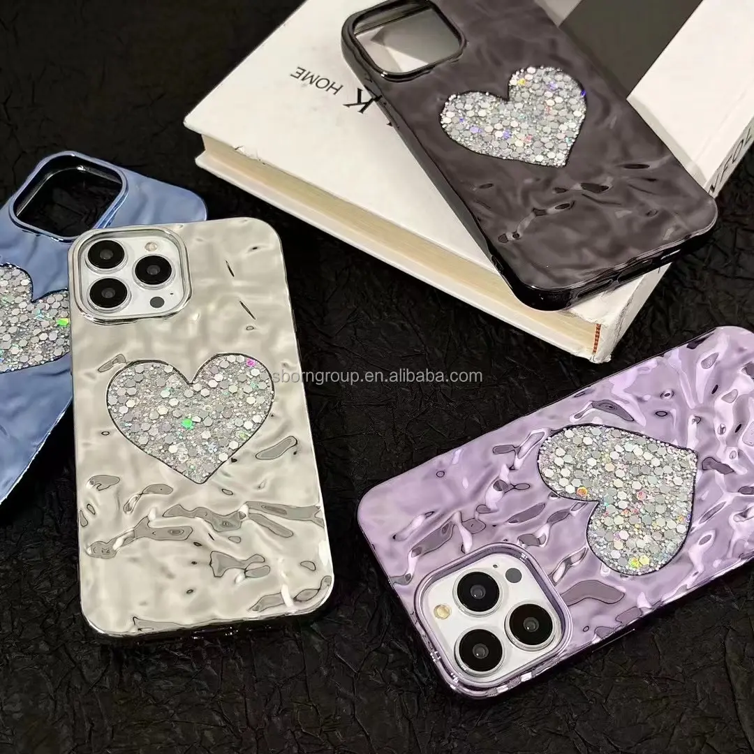 Shiny Glitter Heart Luxury Cell Phone Case for iPhone 16 15 14 13 12 11 Pro Max plating Chrome Phone Retro Cover Bracelet