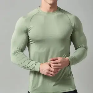 YIJIN Custom Fabric Composition Workout Training Running Quick Dry Tees Seamless Elastic Fitness Sports Long Sleeve Compression Shirts