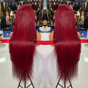 热门供应商 13x4 蕾丝前额假发 毛发切口整齐原生发 99j 酒红色假发 自然波浪未加工处女发 酒红色假发 - Product Image 5