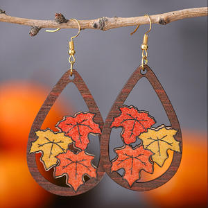 ต่างหูรูปใบเมเปิลกลวงสองด้าน ดีไซน์เรขาคณิตทันสมัย ทำจากโลหะผสม ป้องกันการแพ้ รูปทรงหยดน้ำ ของขวัญวันขอบคุณพระเจ้าสำหรับผู้หญิง - Product Image 1