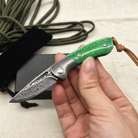 Pisau Lipat Mini Premium Baja Damaskus Gagang Tulang Sapi Ringan EDC untuk Berkemah Piknik Membongkar Paket
