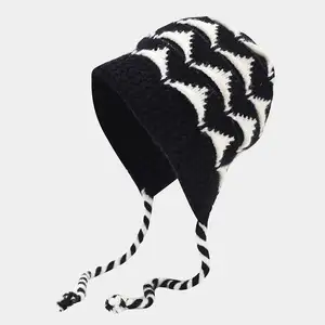 2023 new coming wholesale hat with earflaps black and white fashion knitted winter hats with strings and earflap